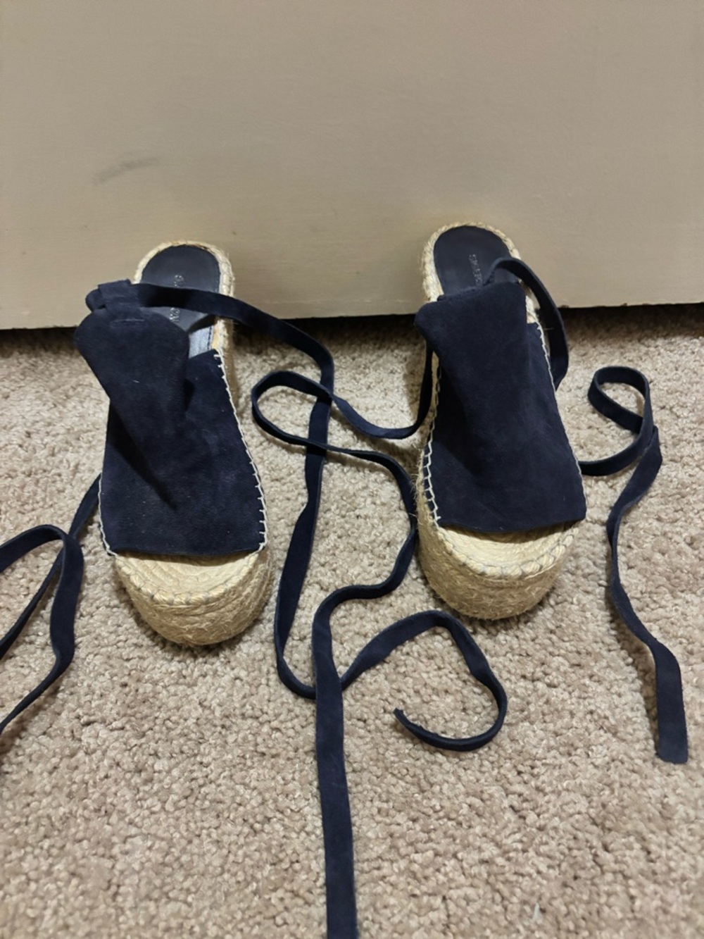Sigerson Morrison Navy Suede Espadrille Platform Sandals with Wrap Ties